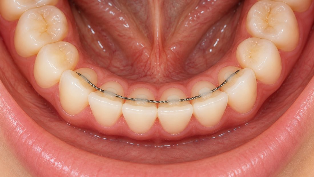A bonded retainer: a thin wire attached behind the lower front teeth.