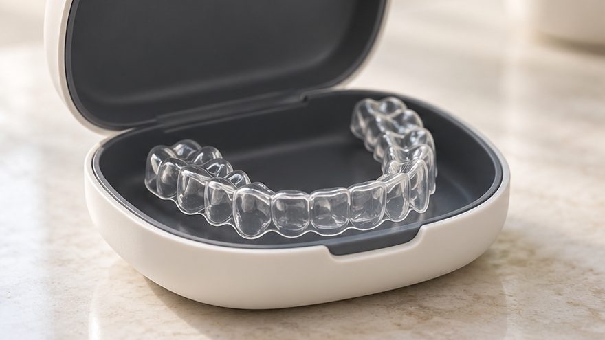 A clear retainer in an open retainer case.