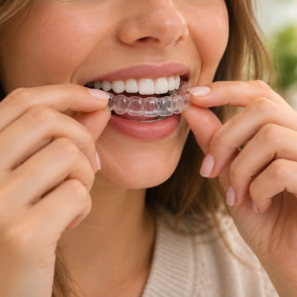 A person fitting a clear retainer over their upper teeth.